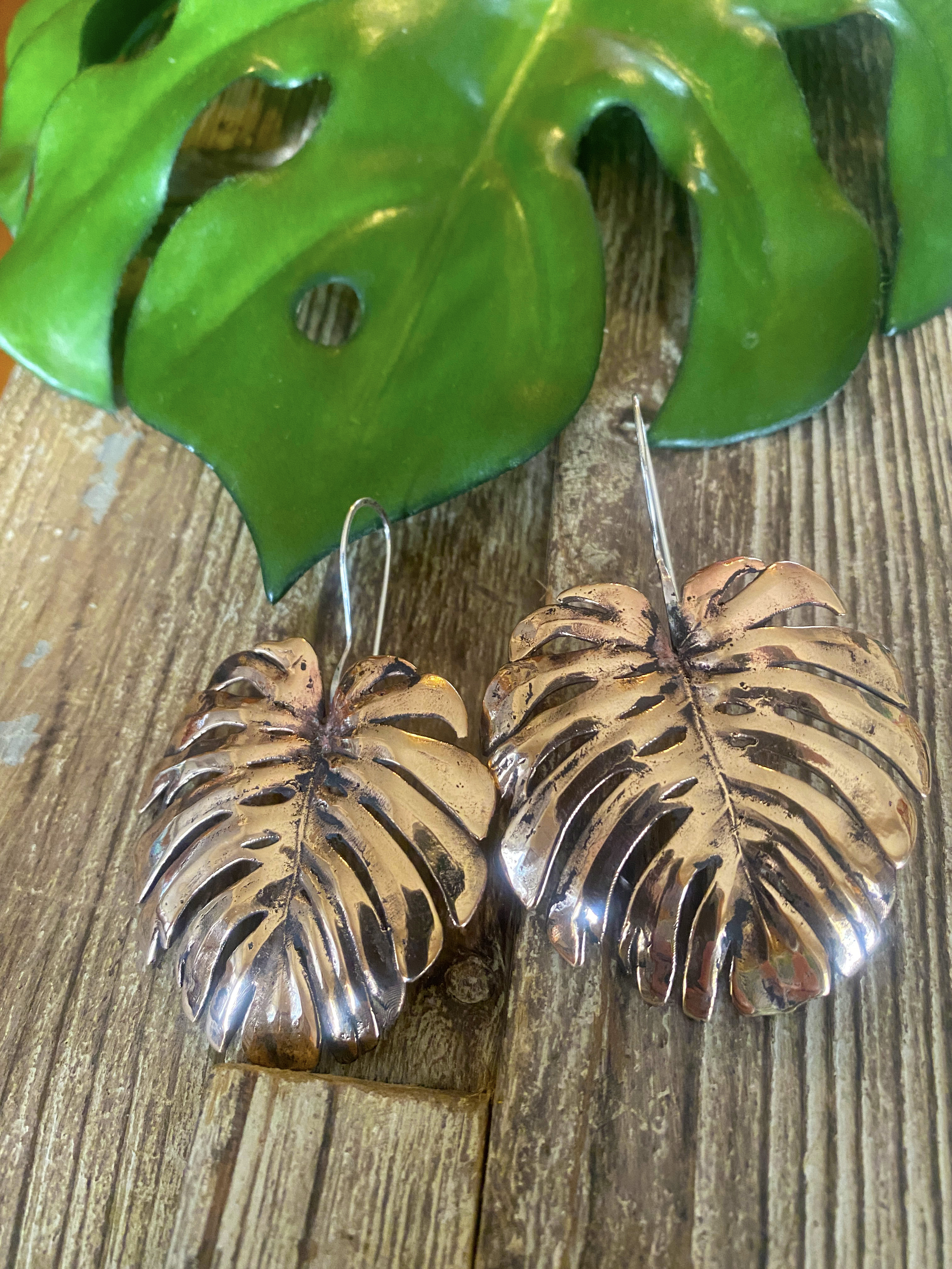 Larger Monstera Leaf Earrings HI Octane Jewelry Hot Rod Rings