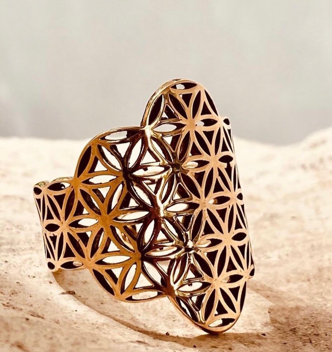 Flower of Life Sterling Silver or 14KT Gold Adjustable Ring - Image 2