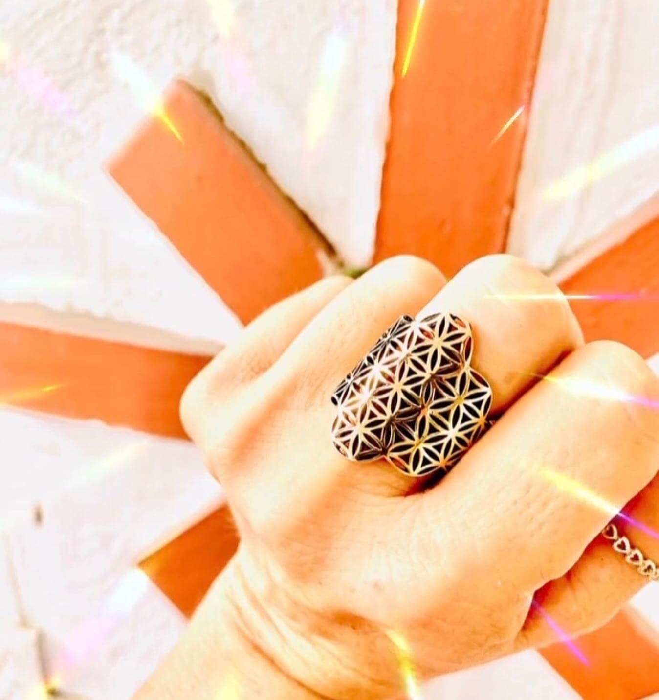 Flower of Life Sterling Silver or 14KT Gold Adjustable Ring - Image 5