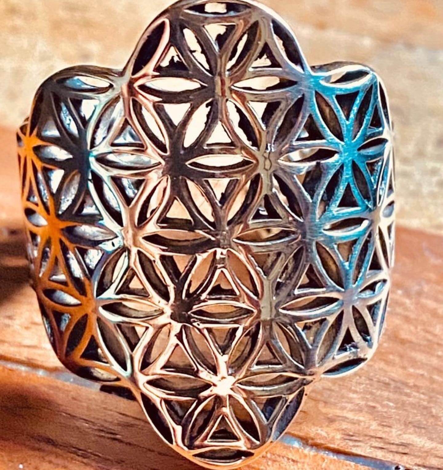 Flower of Life Sterling Silver or 14KT Gold Adjustable Ring - Image 3