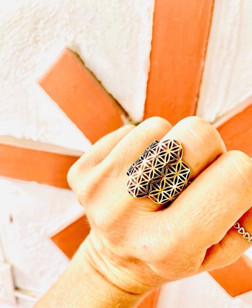 Flower of Life Sterling Silver or 14KT Gold Adjustable Ring - Image 8