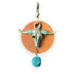 Alternative view of Brass Patina Steer Skull Earrings with Brown Leather and Turquoise