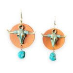 Brass Patina Steer Skull Earrings with Brown Leather and Turquoise