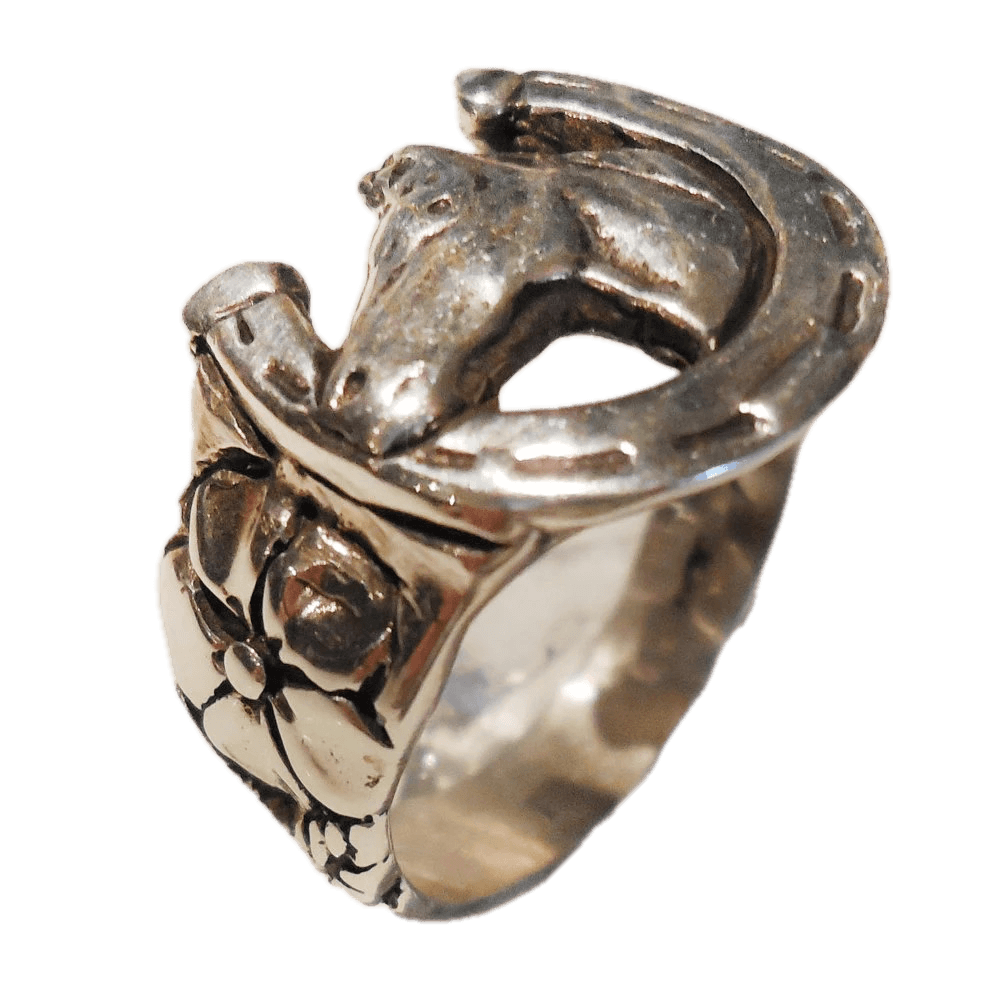 Lucky Horseshoe Ring, Horse head, Flower Band Ring in Sterling Silver - Image 4