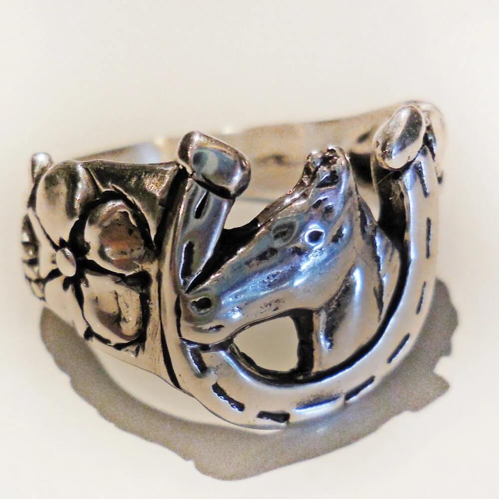 Lucky Horseshoe Ring, Horse head, Flower Band Ring in Sterling Silver