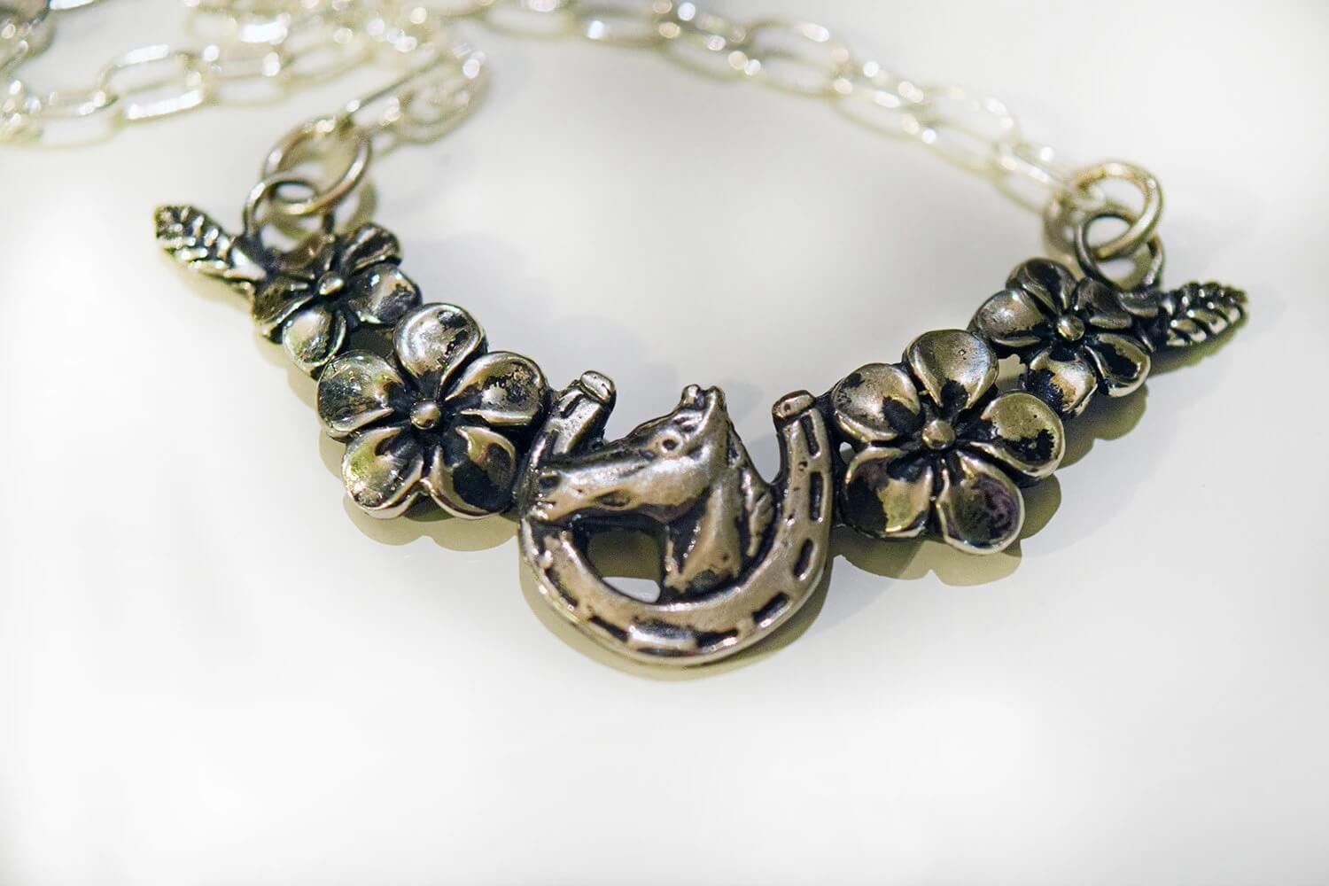 Lucky Horseshoe with Flowers Necklace in Sterling Silver