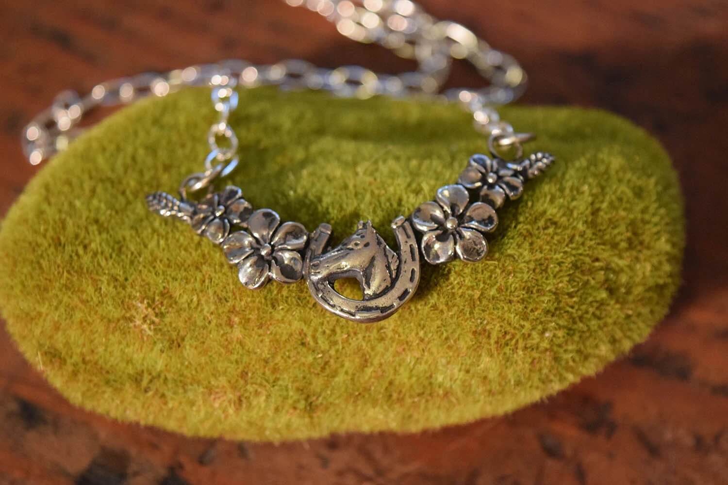 Lucky Horseshoe with Flowers Necklace in Sterling Silver - Image 2